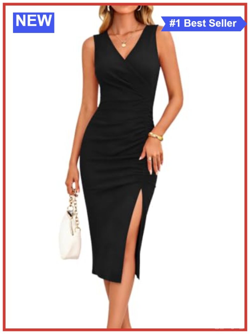 Sexy V Neck Sleeveless Ruched Bodycon Midi Dress - 95% Polyester